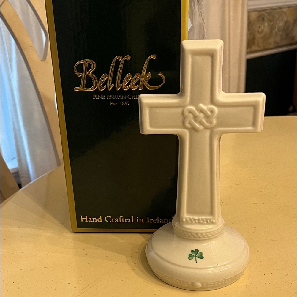 Belleek Cream Cross with Green Shamrock